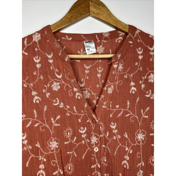 Anko Dress Coral Floral Embroidered Women's Size 16 Button Front Tie - Picture 2 of 10